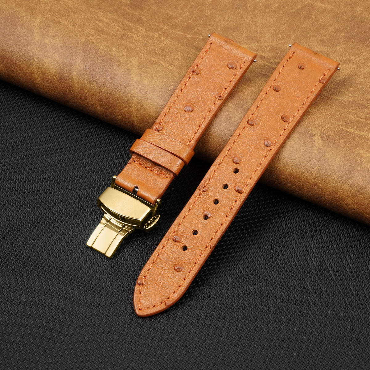 Slim Tan FLat Ostrich Leather Watch Band width Deployment Clasp