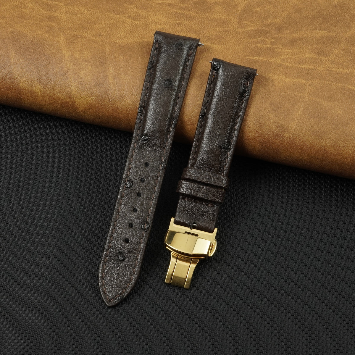 Dark Brown Ostrich Leather Watch Strap with Deployment Clasp