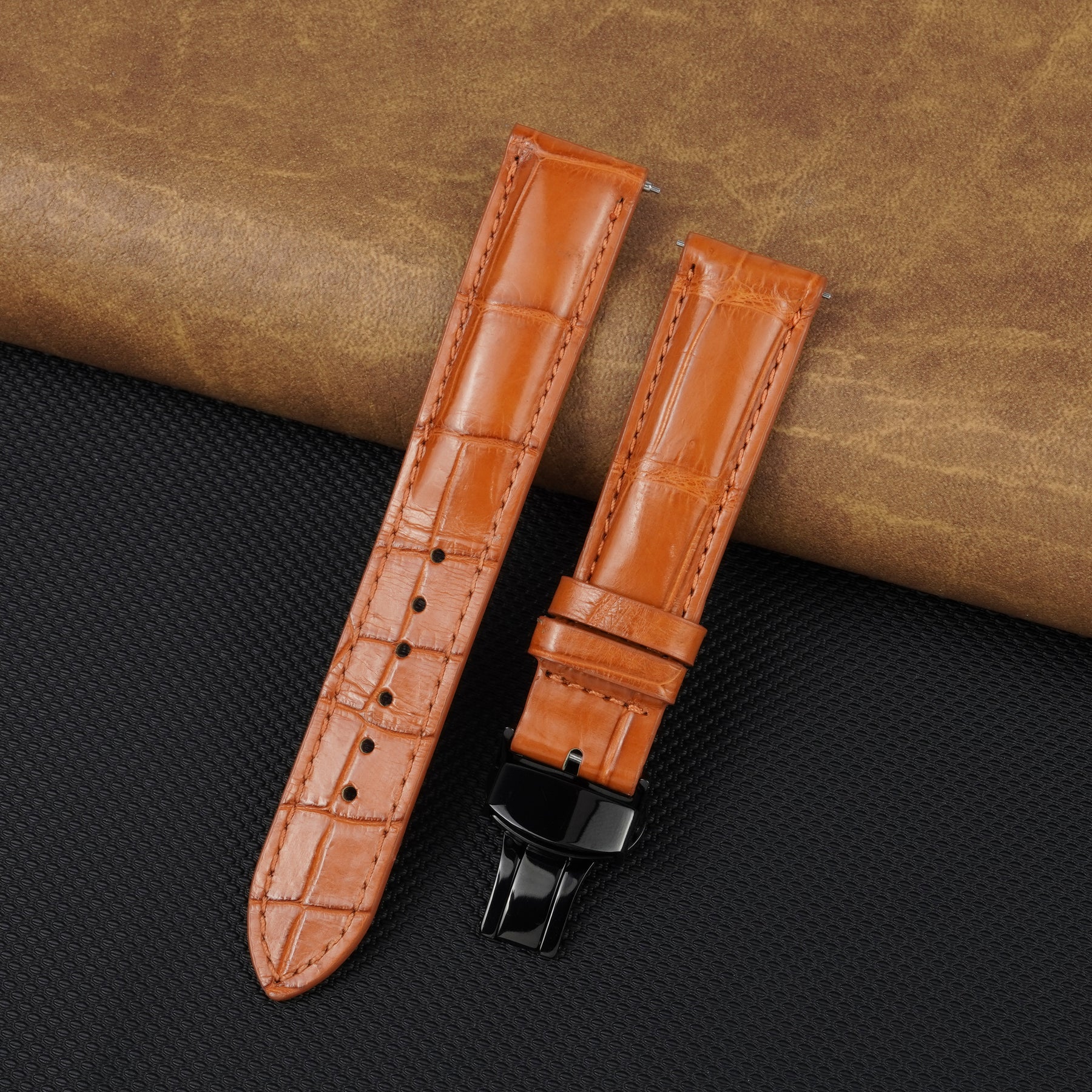 Orange Alligator Leather Watch Strap with Deployment Clasp