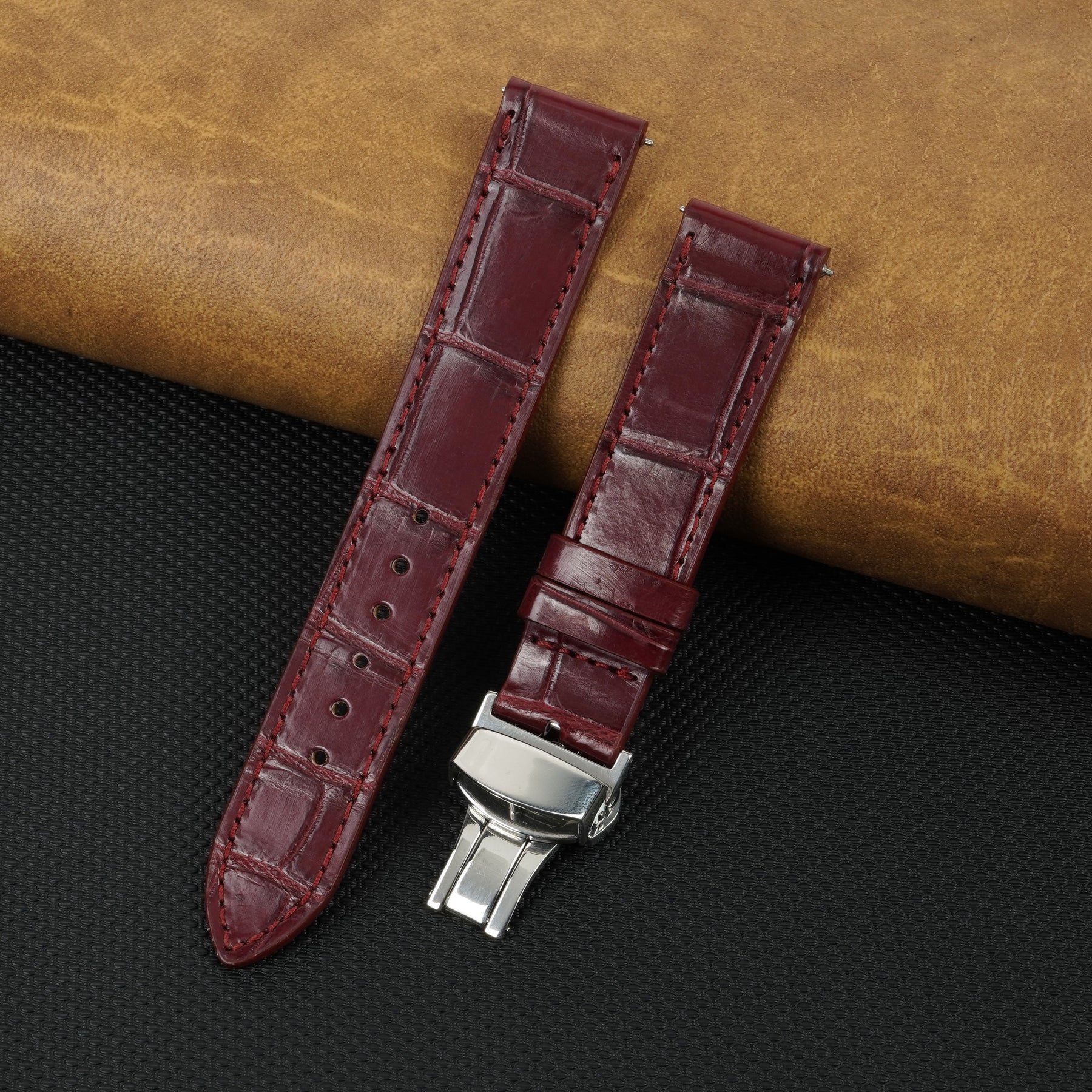 Burgundy Flat Alligator Belly Leather Watch Strap with Deployment Clasp