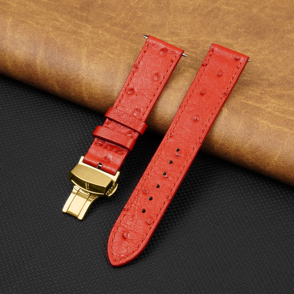 Slim Red FLat Ostrich Leather Watch Band width Deployment Clasp