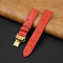 Slim Red FLat Ostrich Leather Watch Band width Deployment Clasp