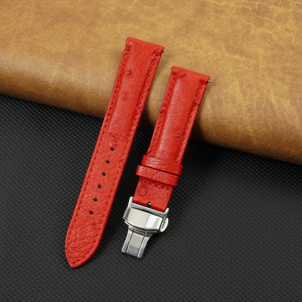 Red Ostrich Leather Watch Strap with Deployment Clasp