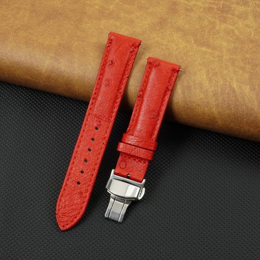 Red Ostrich Leather Watch Strap with Deployment Clasp