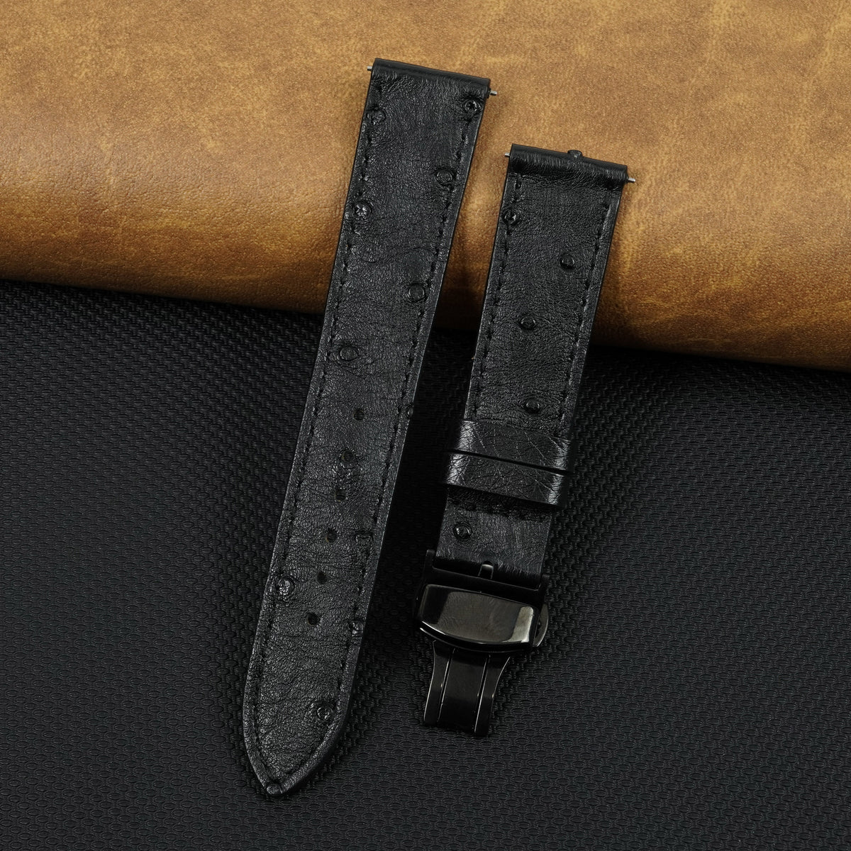 Slim Black FLat Ostrich Leather Watch Band width Deployment Clasp