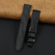 Slim Black FLat Ostrich Leather Watch Band width Deployment Clasp