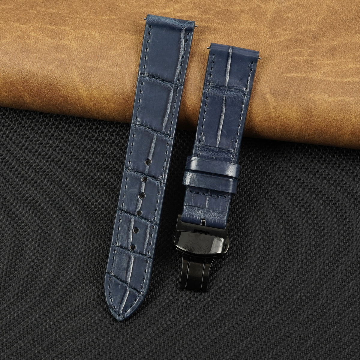 Blue Flat Alligator Belly Leather Watch Strap with Deployment Clasp