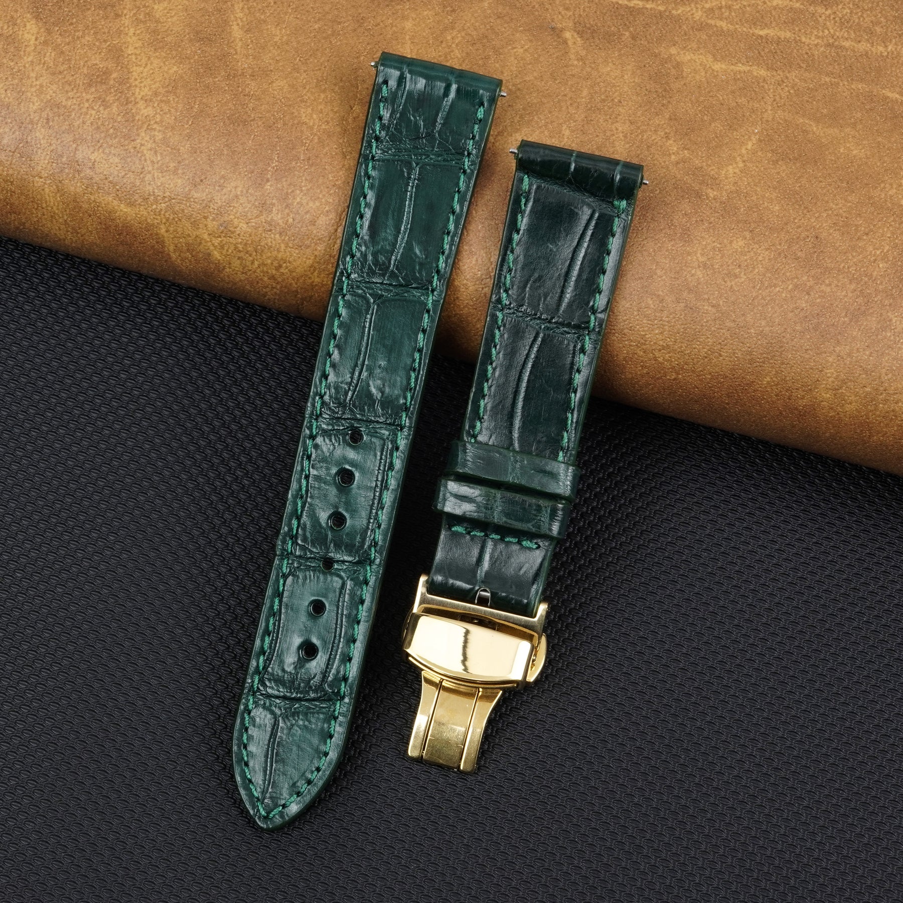 Green Flat Alligator Belly Leather Watch Strap with Deployment Clasp