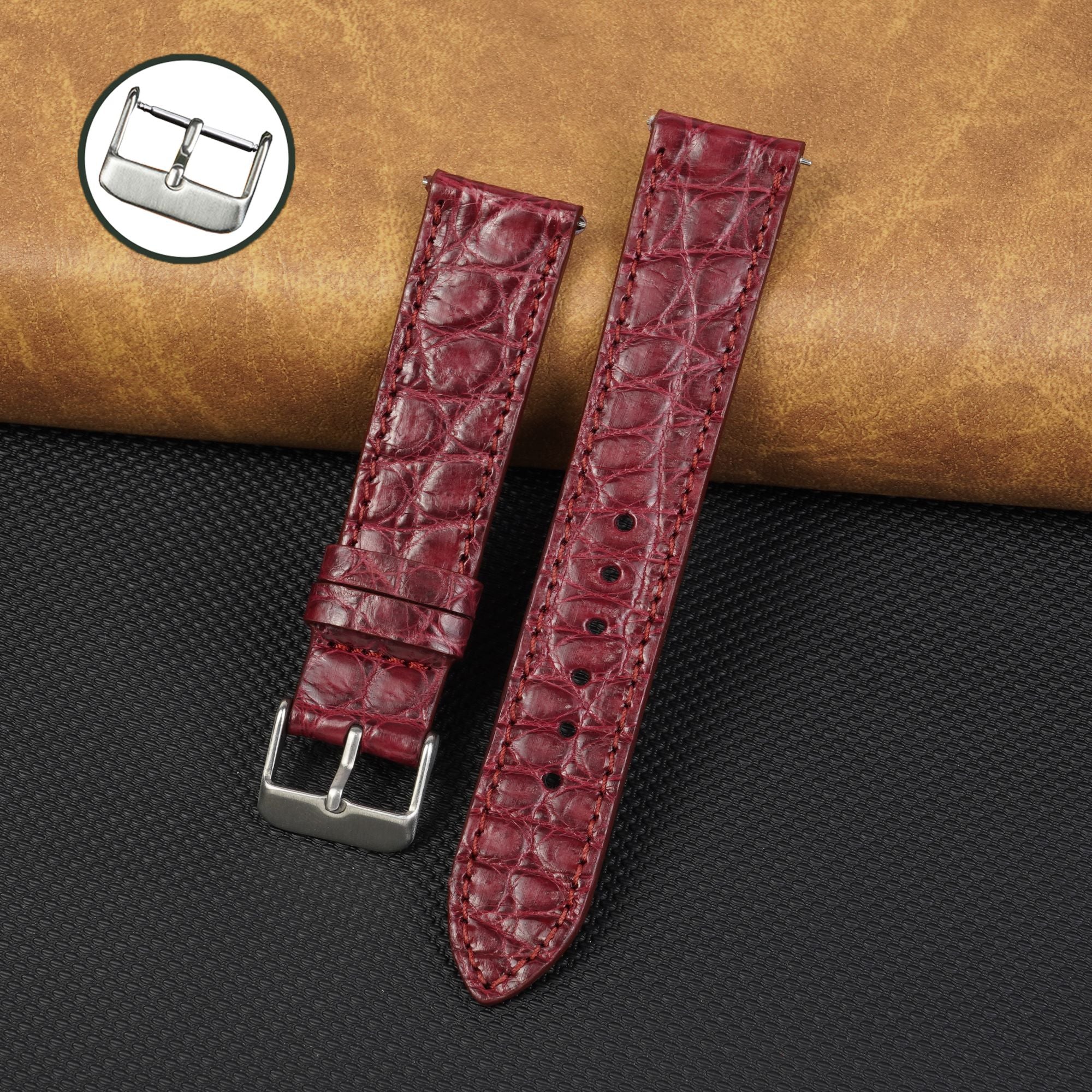 Burgundy Slim Alligator Leather Watch Band For Men Quick Release Red Crocodile Premium Flat Leather Watch Strap Replacement Bespoke