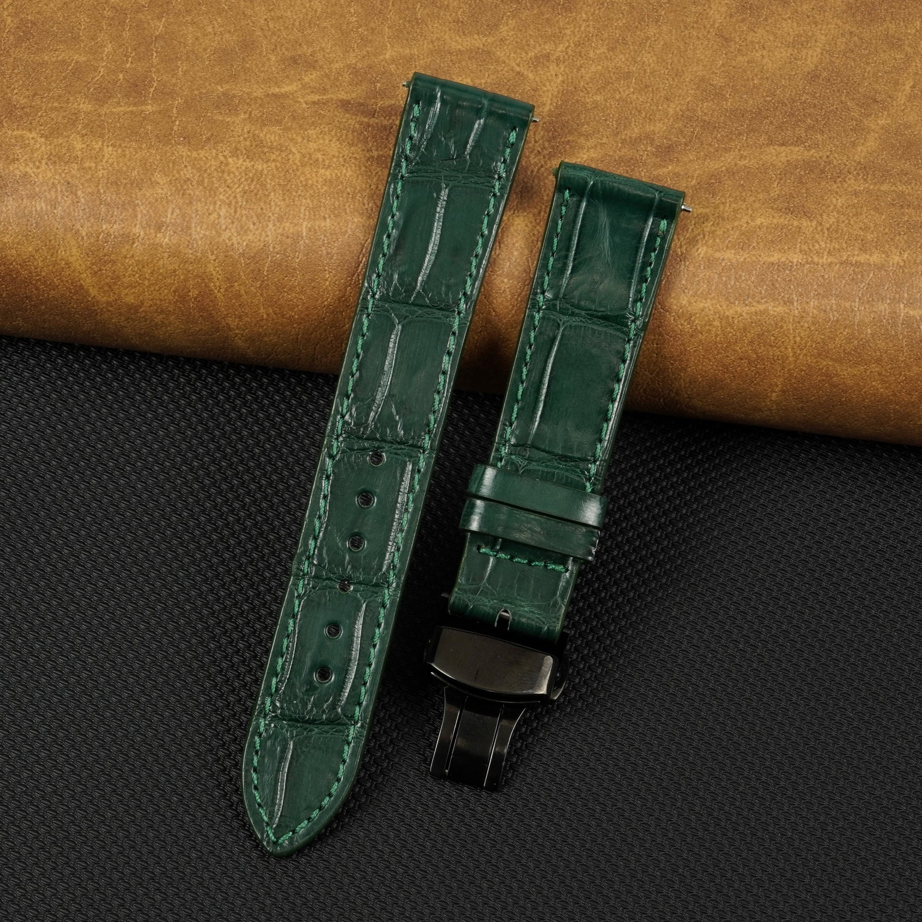 Green Flat Alligator Belly Leather Watch Strap with Deployment Clasp