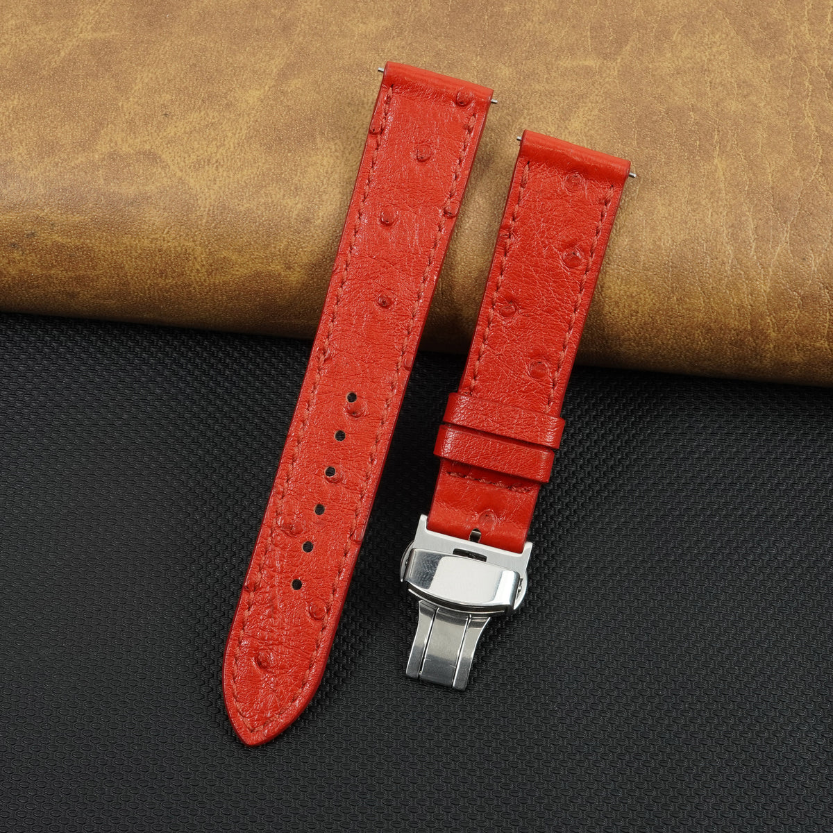 Slim Red FLat Ostrich Leather Watch Band width Deployment Clasp