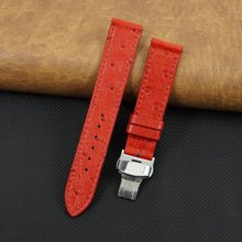 Slim Red FLat Ostrich Leather Watch Band width Deployment Clasp