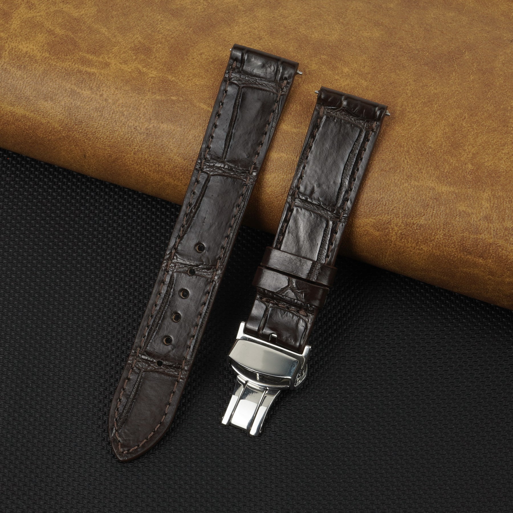 Dark Brown Flat Alligator Belly Leather Watch Strap with Deployment Clasp