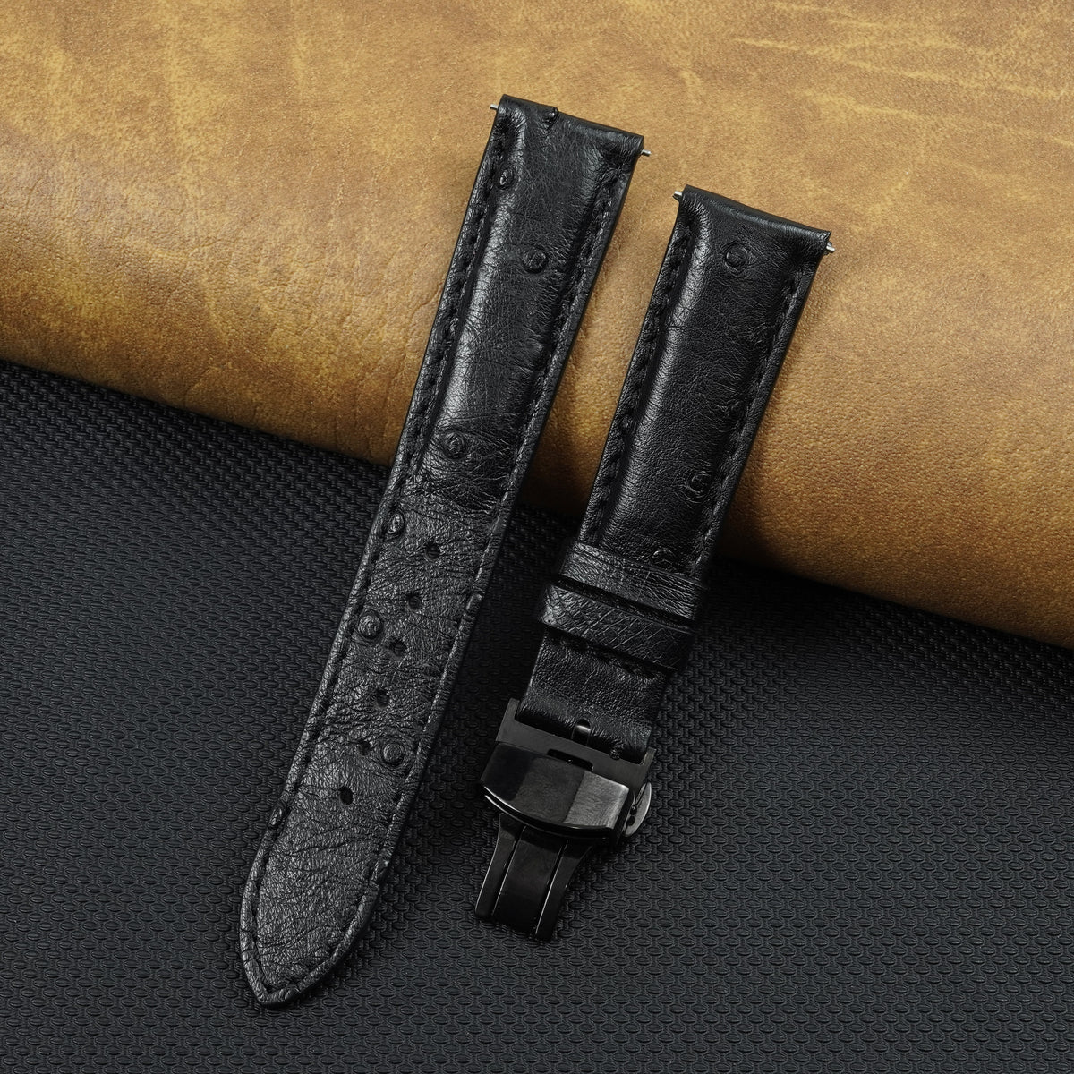 Black Genuine Ostrich Leather Watch Strap with Deployment Clasp