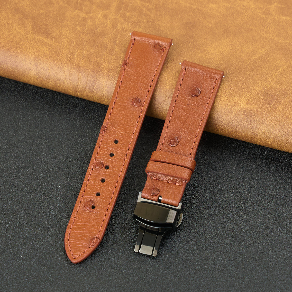 Slim Light Brown FLat Ostrich Leather Watch Band width Deployment Clasp