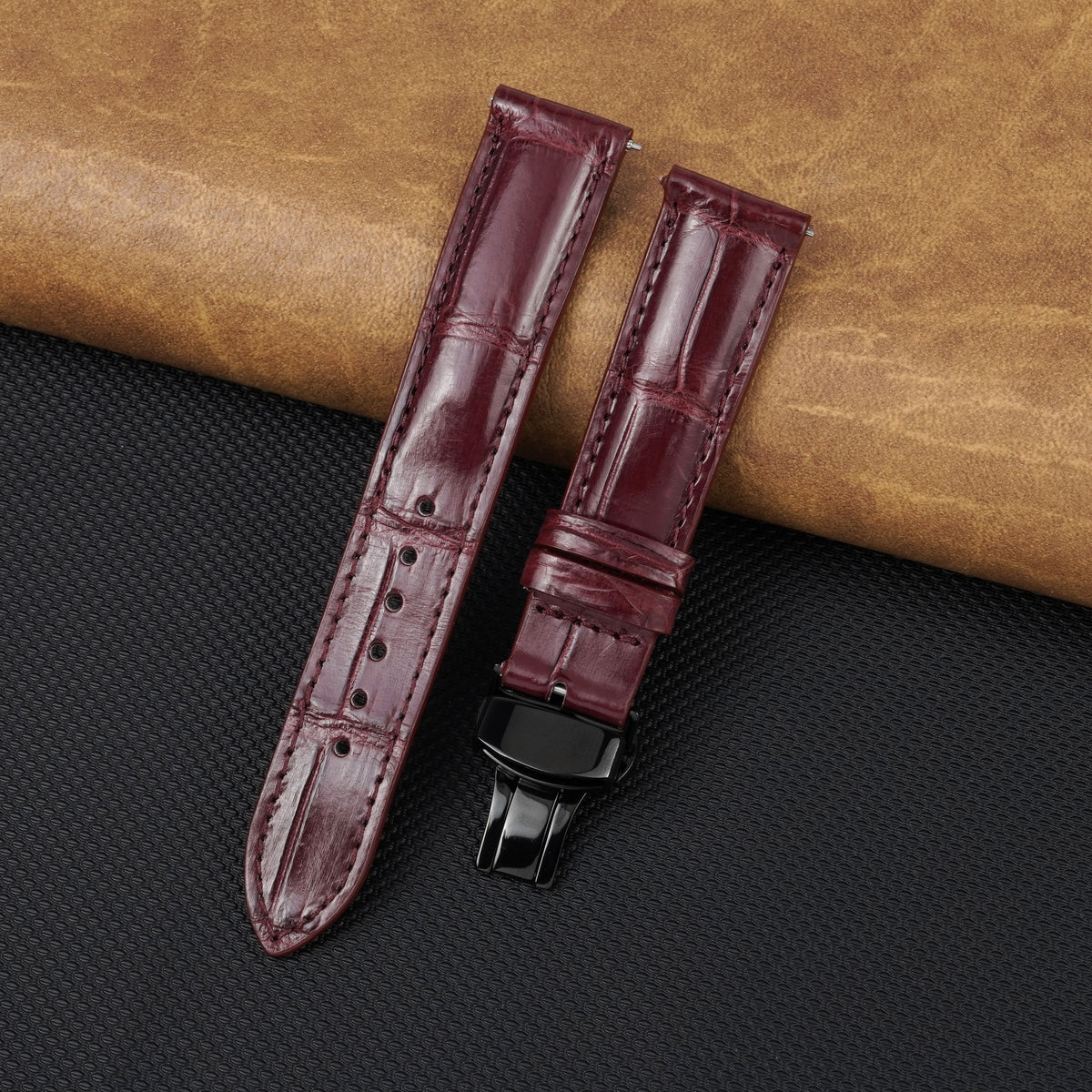 Burgundy Alligator Leather Watch Strap with Deployment Clasp