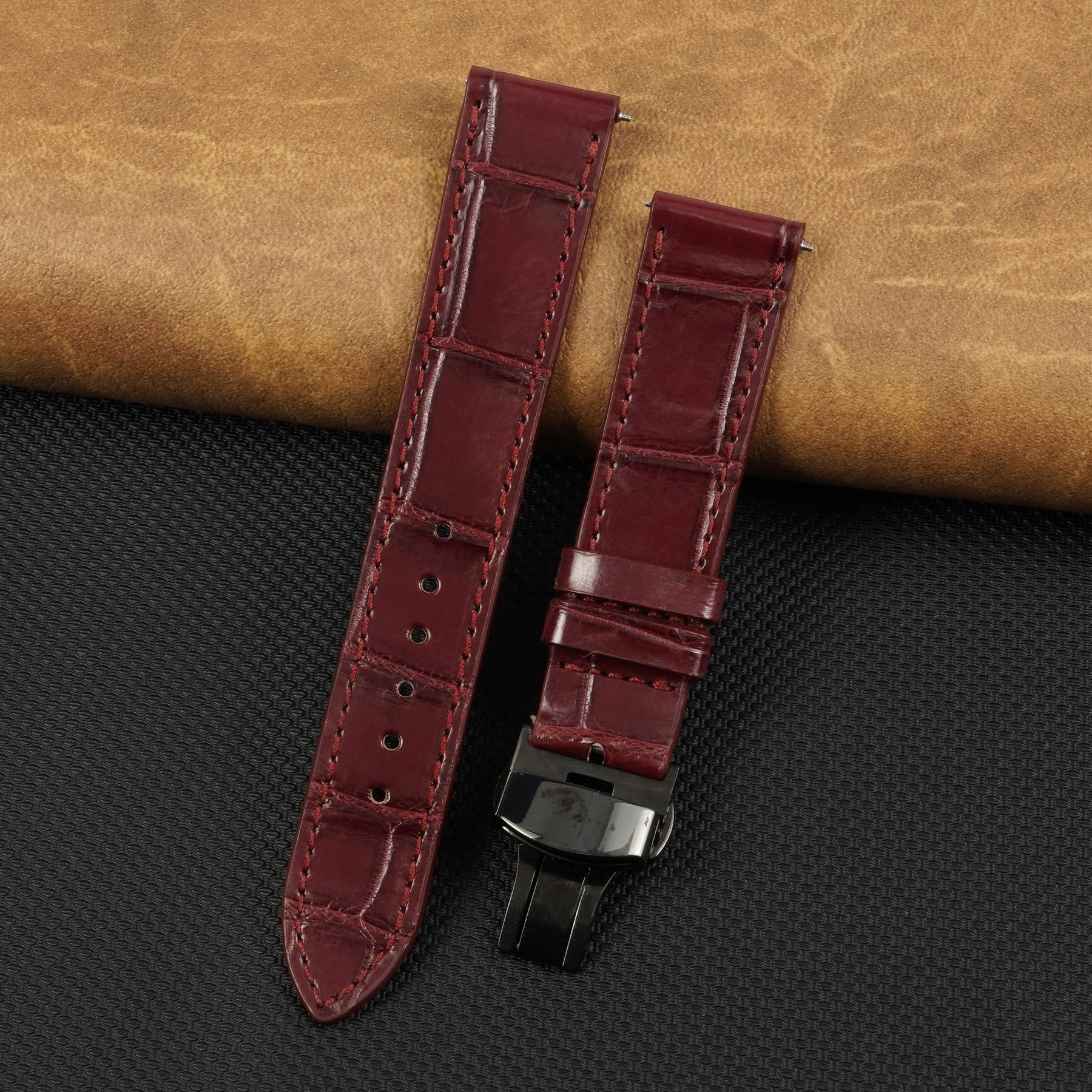 Burgundy Flat Alligator Belly Leather Watch Strap with Deployment Clasp