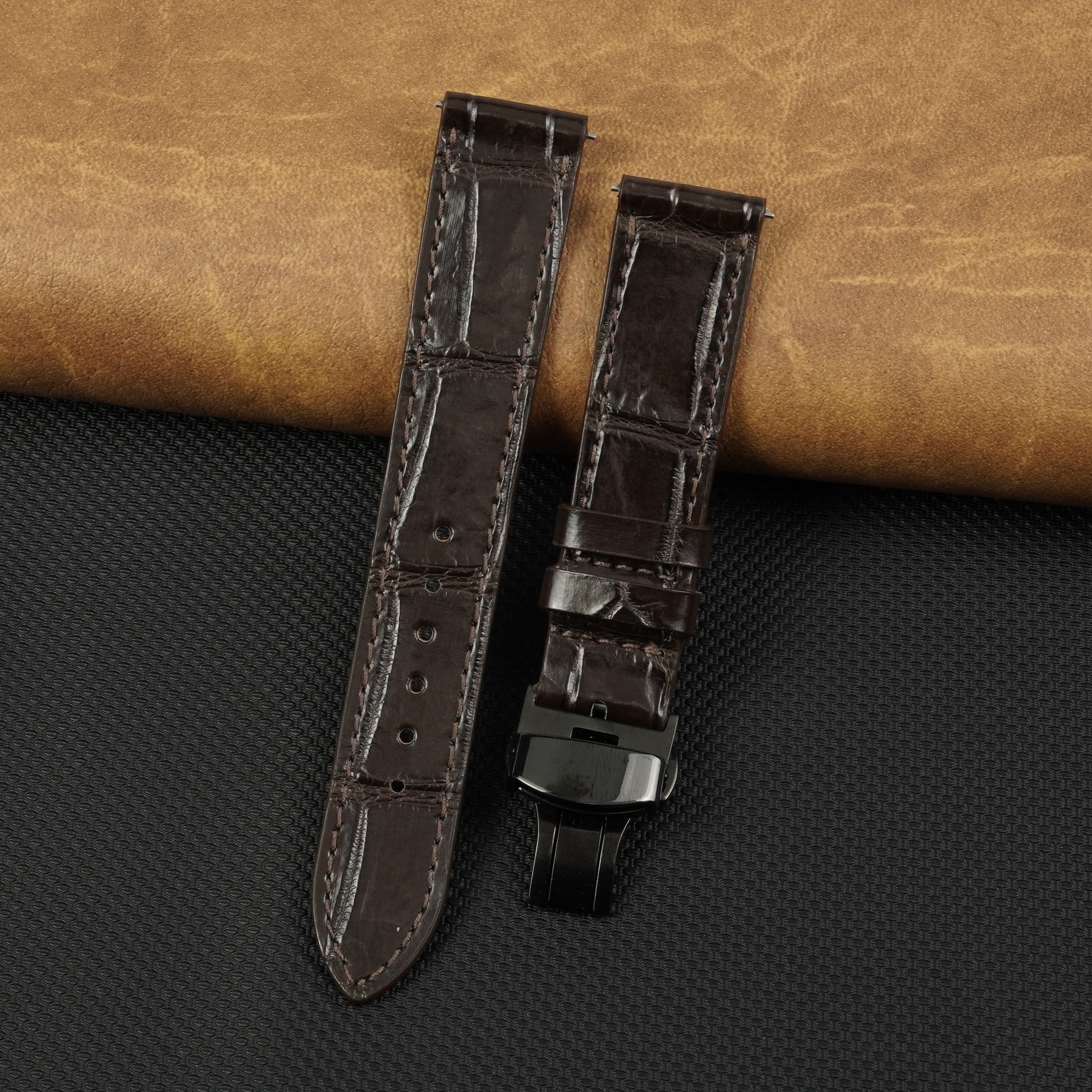 Dark Brown Flat Alligator Belly Leather Watch Strap with Deployment Clasp