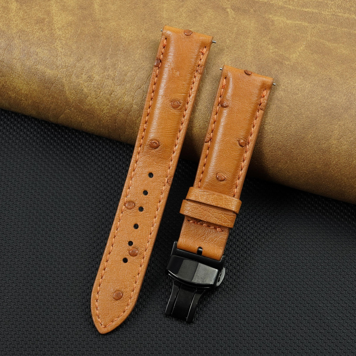 Tan Brown Ostrich Leather Watch Strap with Deployment Clasp