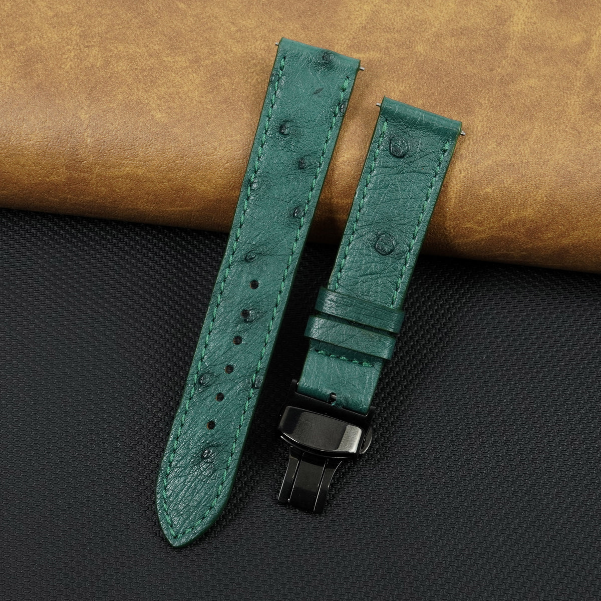 Slim Green FLat Ostrich Leather Watch Band width Deployment Clasp