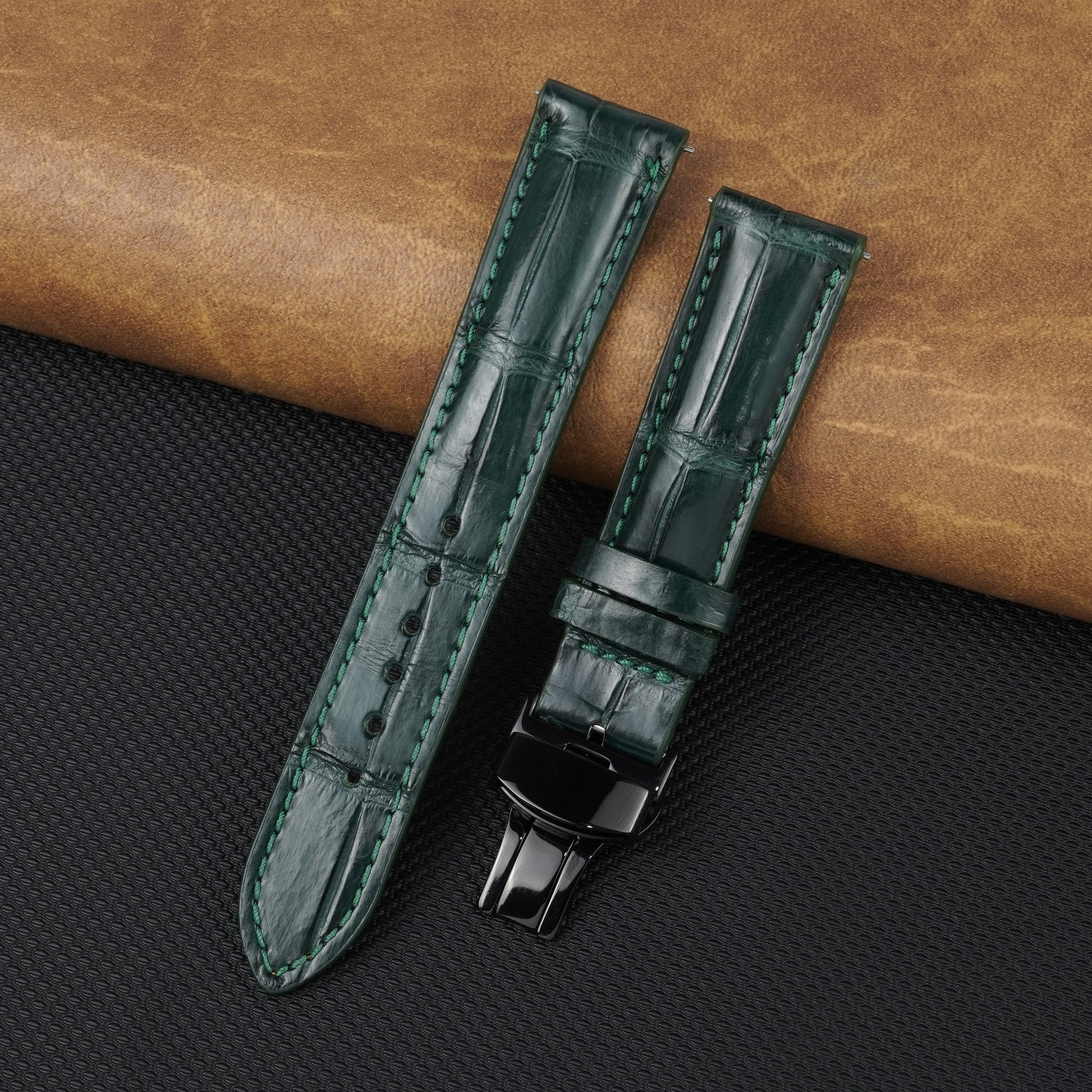 Green Alligator Leather Watch Strap with Deployment Clasp