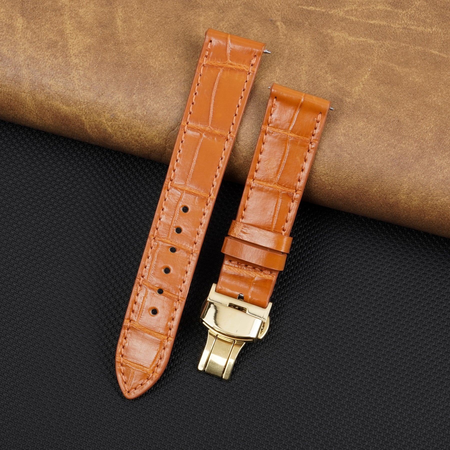 Orange Flat Alligator Belly Leather Watch Strap with Deployment Clasp