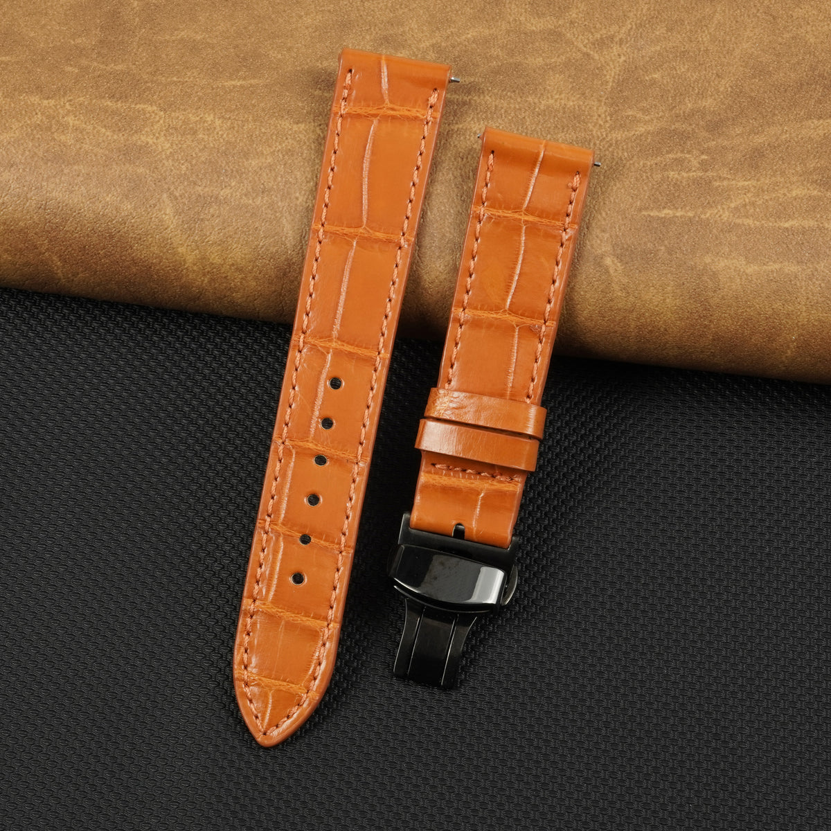Orange Flat Alligator Belly Leather Watch Strap with Deployment Clasp
