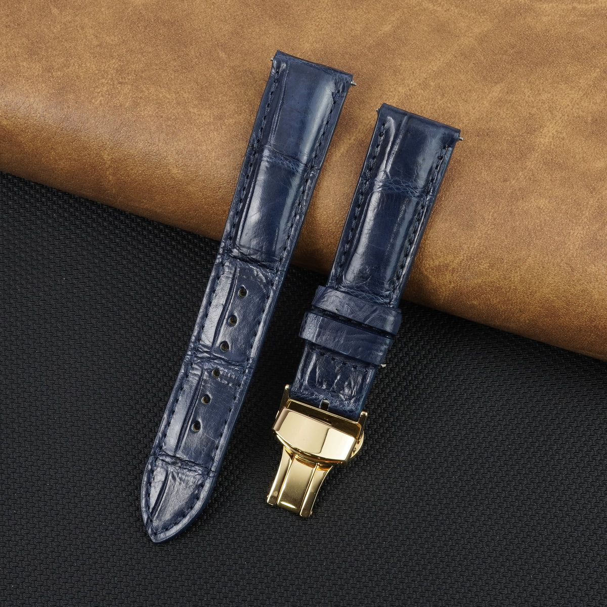 Blue Alligator Leather Watch Strap with Deployment Clasp