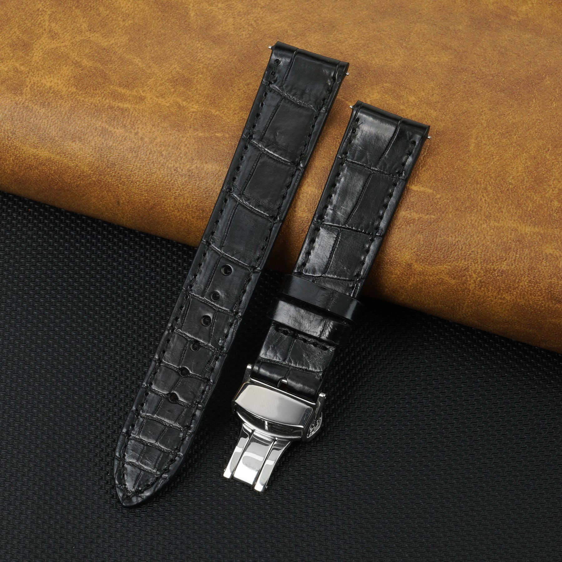 Black Flat Alligator Belly Leather Watch Strap with Deployment Clasp