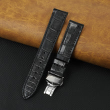 Black Flat Alligator Belly Leather Watch Strap with Deployment Clasp