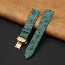 Slim Green FLat Ostrich Leather Watch Band width Deployment Clasp
