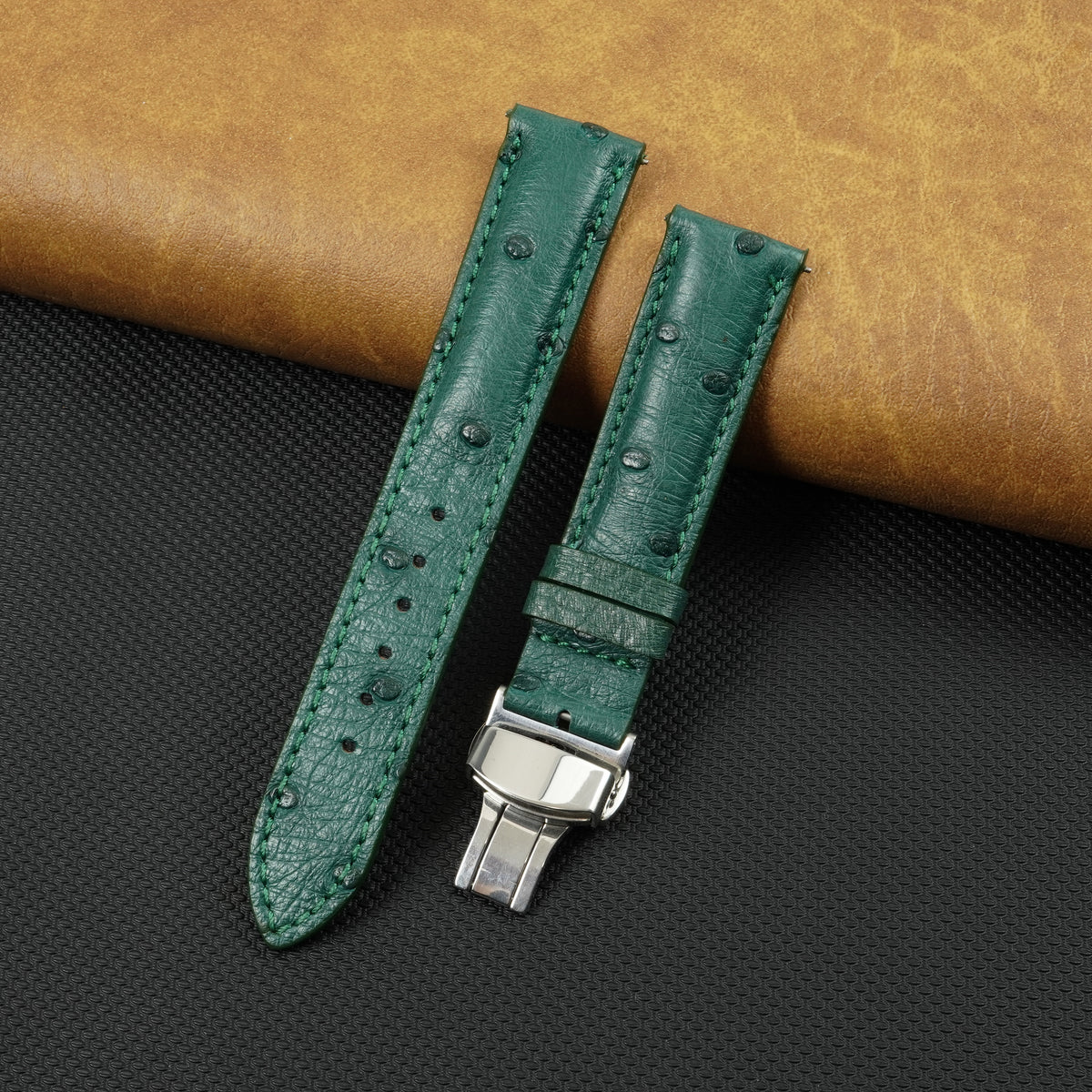 Green Ostrich Leather Watch Strap with Deployment Clasp