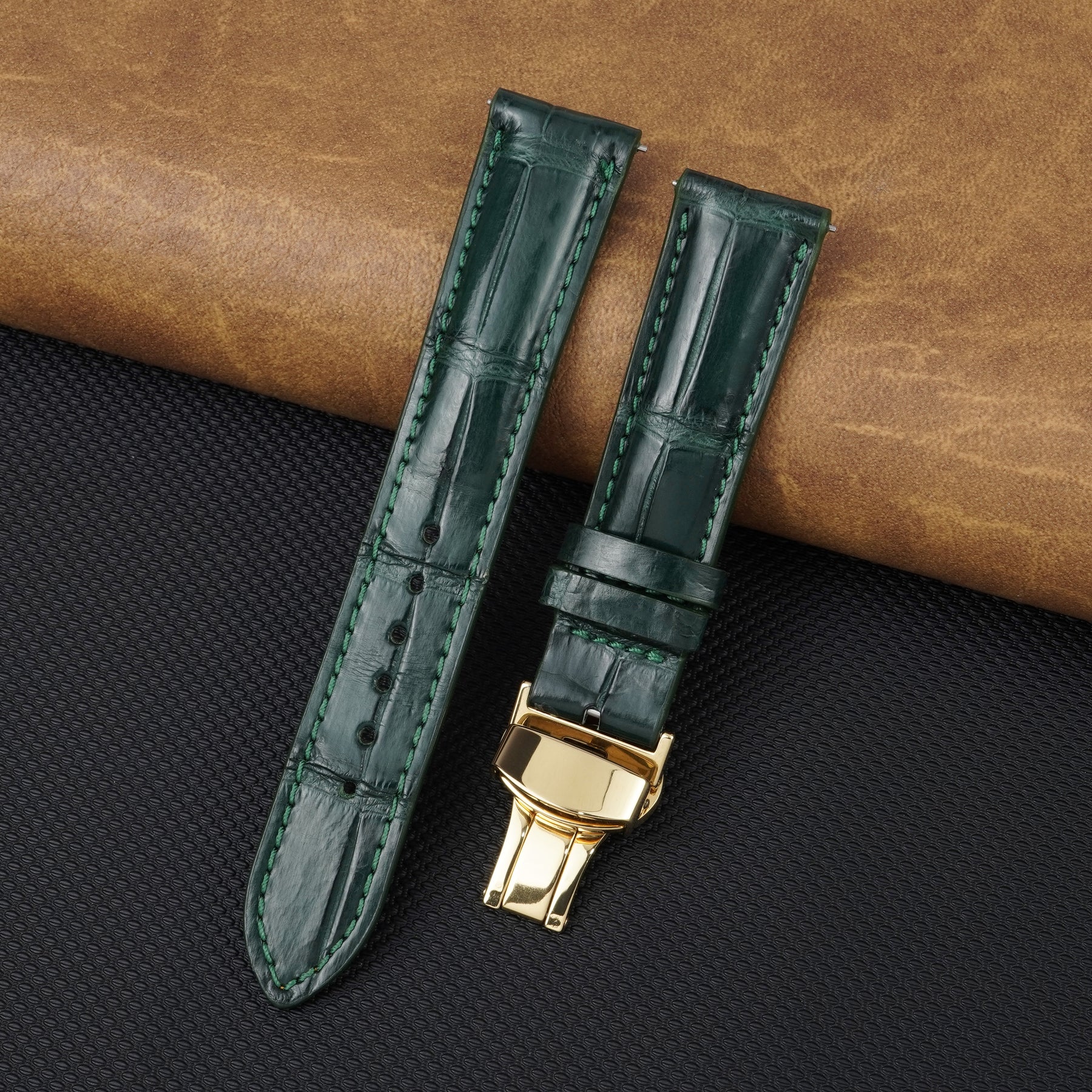 Green Alligator Leather Watch Strap with Deployment Clasp