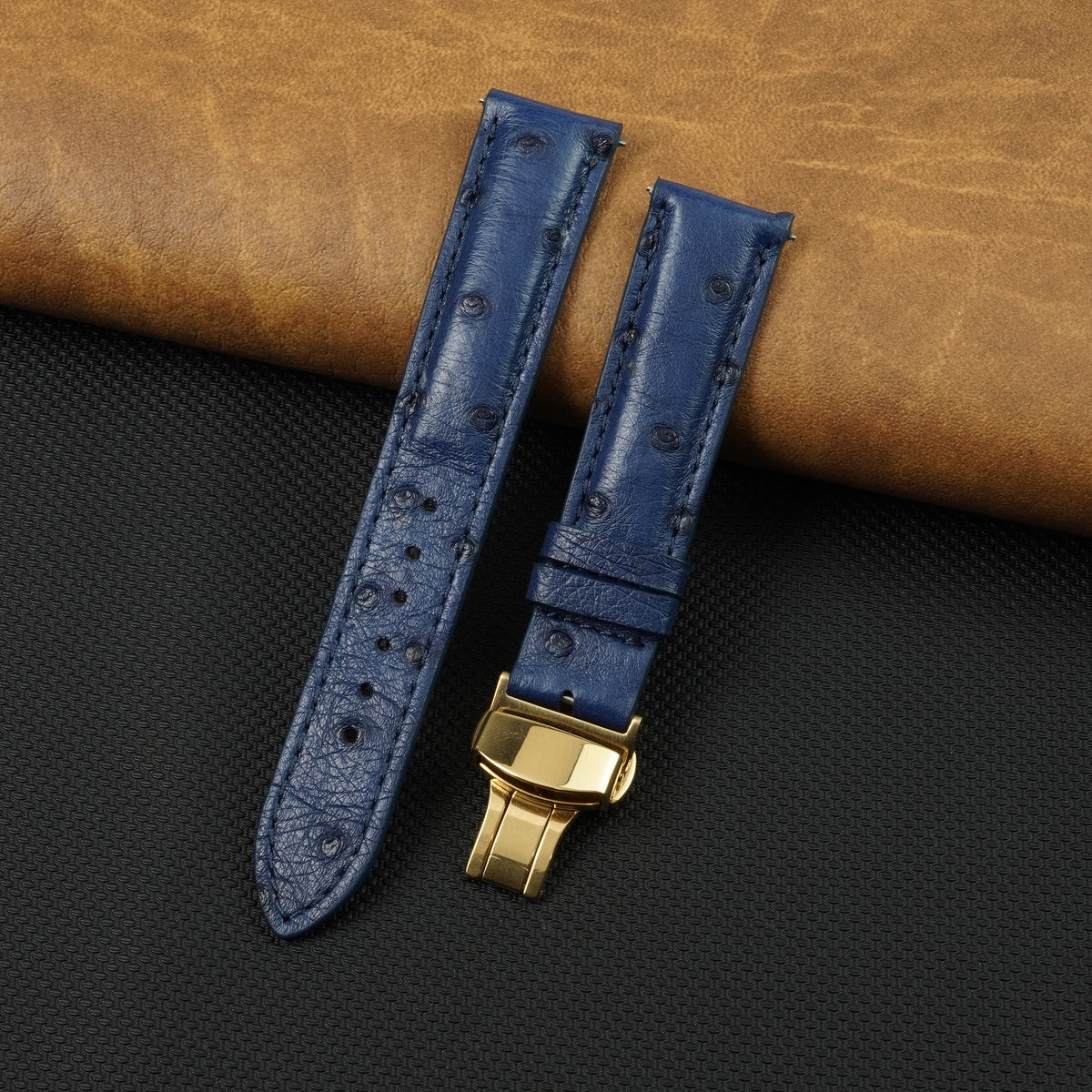 Blue Ostrich Leather Watch Strap with Deployment Clasp