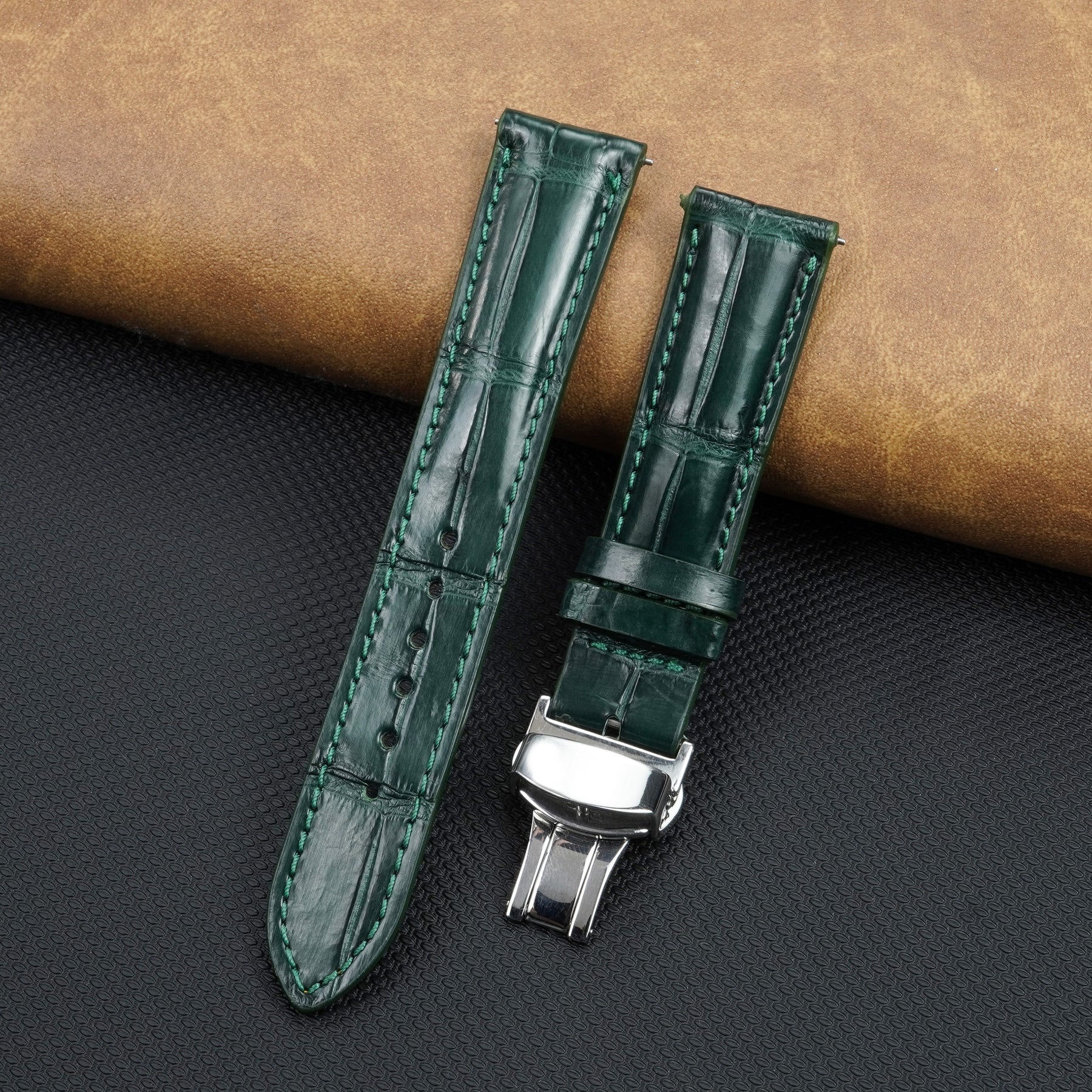 Green Alligator Leather Watch Strap with Deployment Clasp
