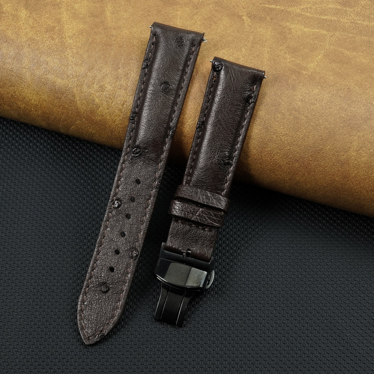 Dark Brown Ostrich Leather Watch Strap with Deployment Clasp