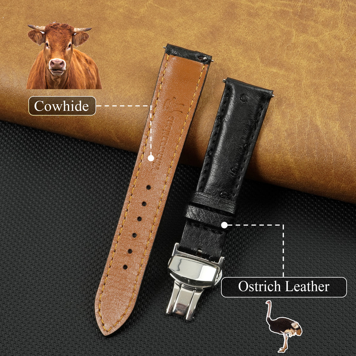 Black Genuine Ostrich Leather Watch Strap with Deployment Clasp