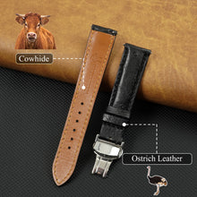 Black Genuine Ostrich Leather Watch Strap with Deployment Clasp