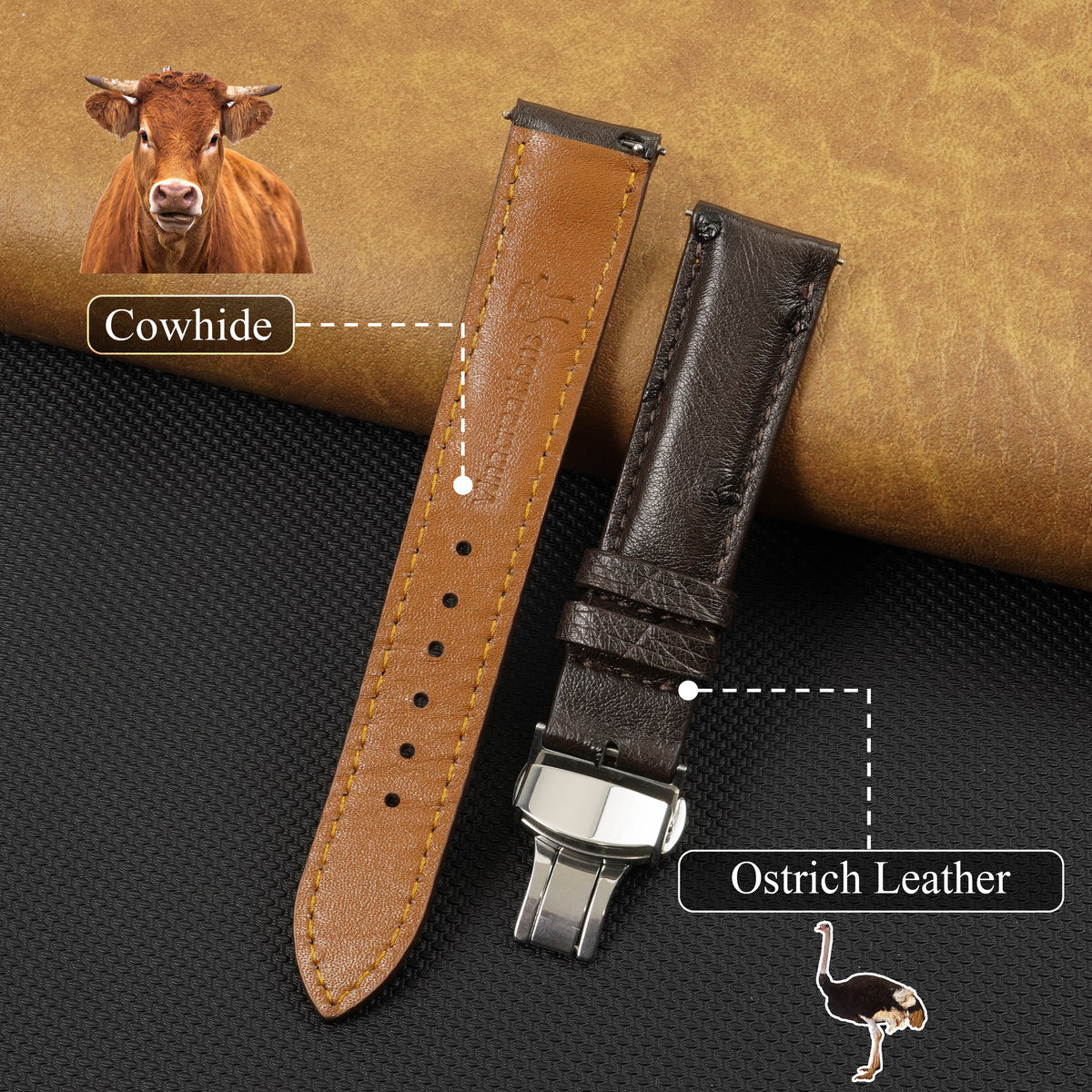 Dark Brown Ostrich Leather Watch Strap with Deployment Clasp
