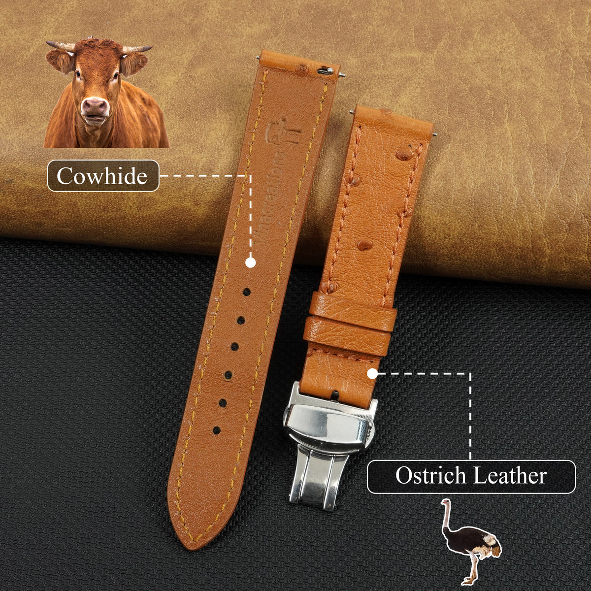 Slim Tan FLat Ostrich Leather Watch Band width Deployment Clasp