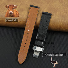 Slim Black FLat Ostrich Leather Watch Band width Deployment Clasp