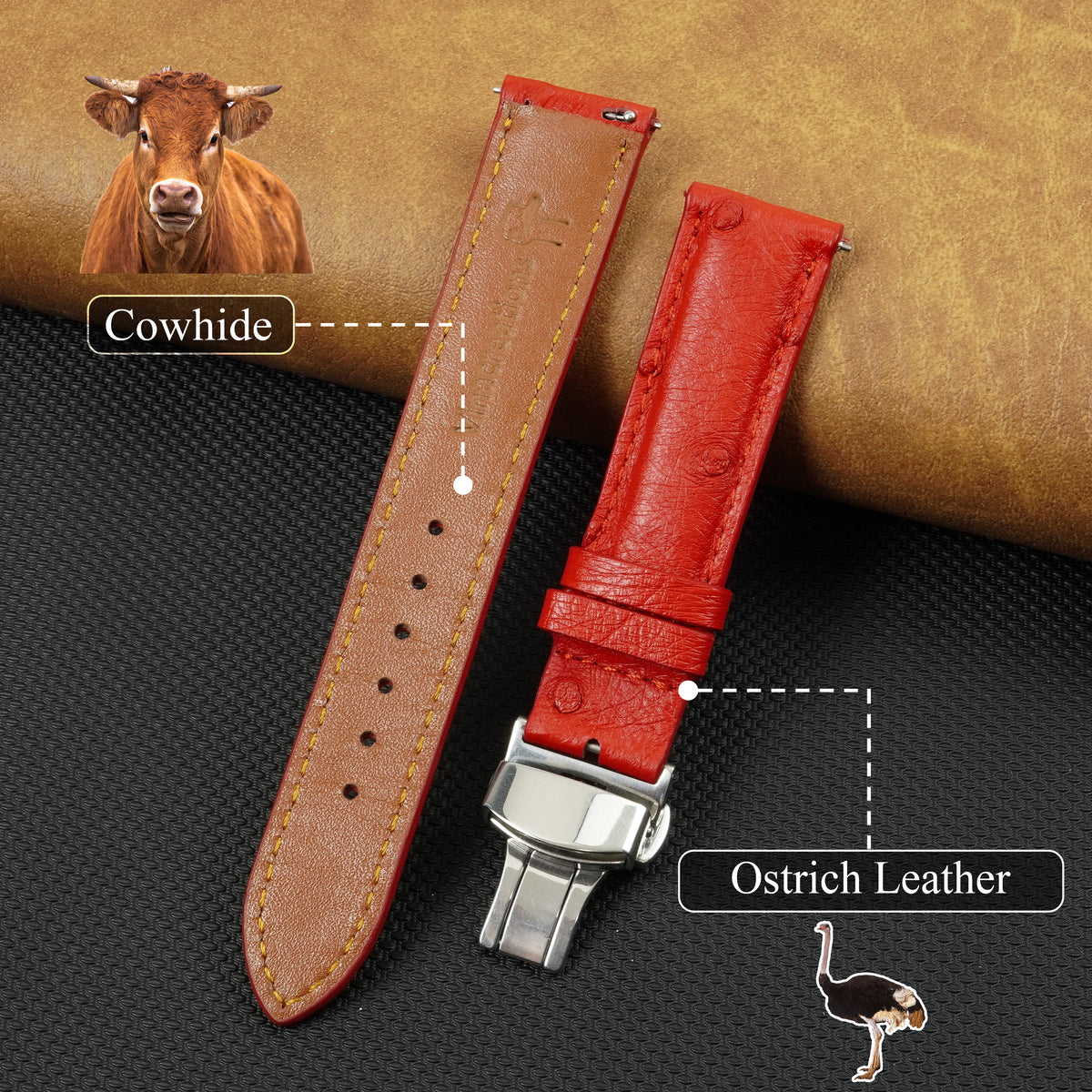 Red Ostrich Leather Watch Strap with Deployment Clasp