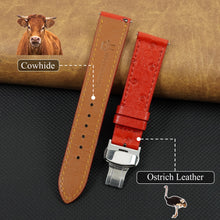 Slim Red FLat Ostrich Leather Watch Band width Deployment Clasp