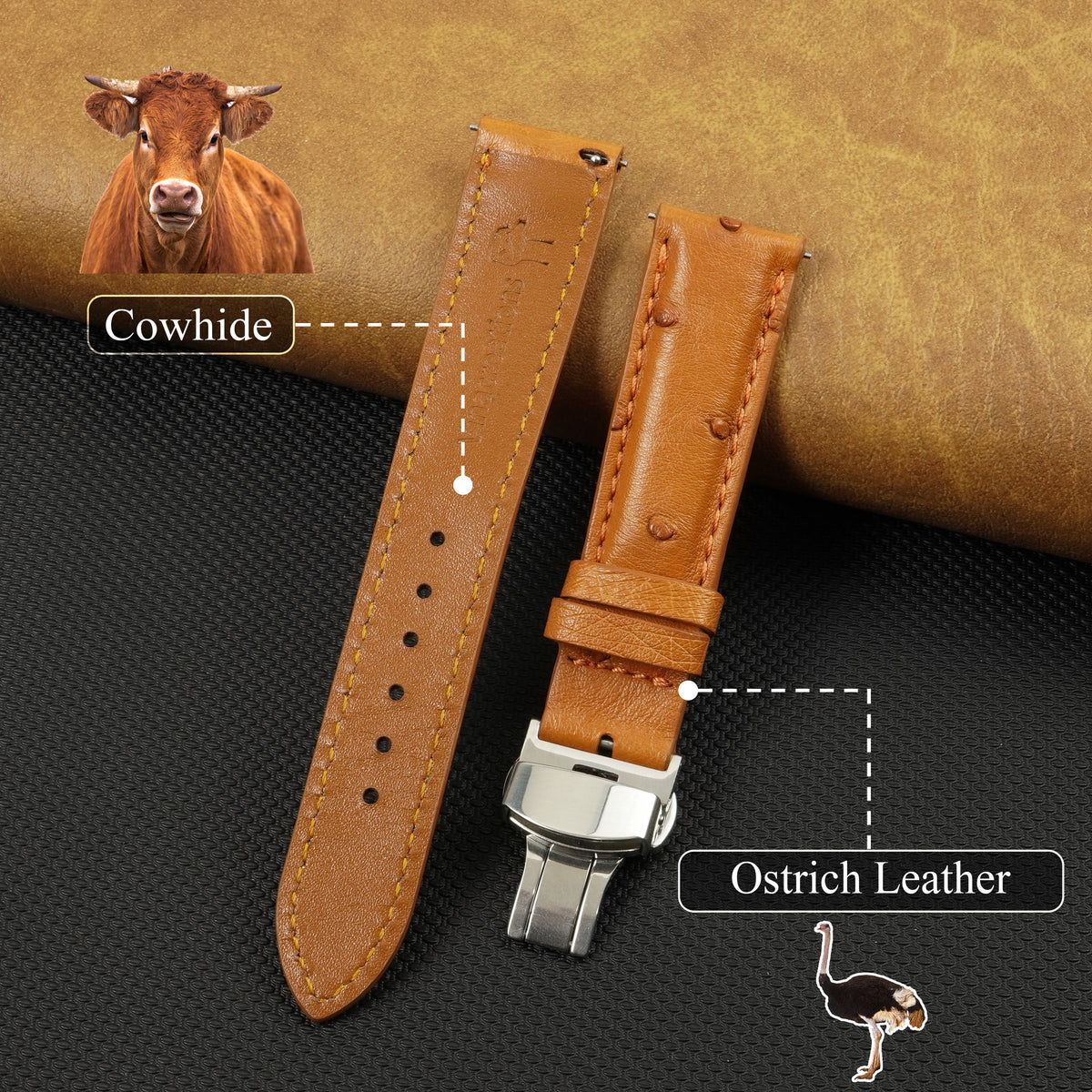 Tan Brown Ostrich Leather Watch Strap with Deployment Clasp