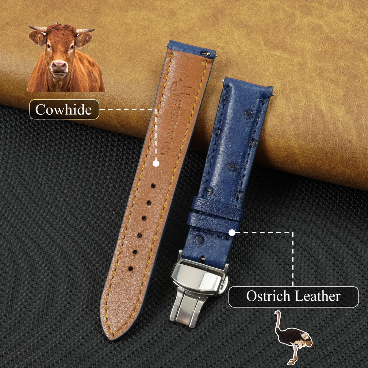 Blue Ostrich Leather Watch Strap with Deployment Clasp