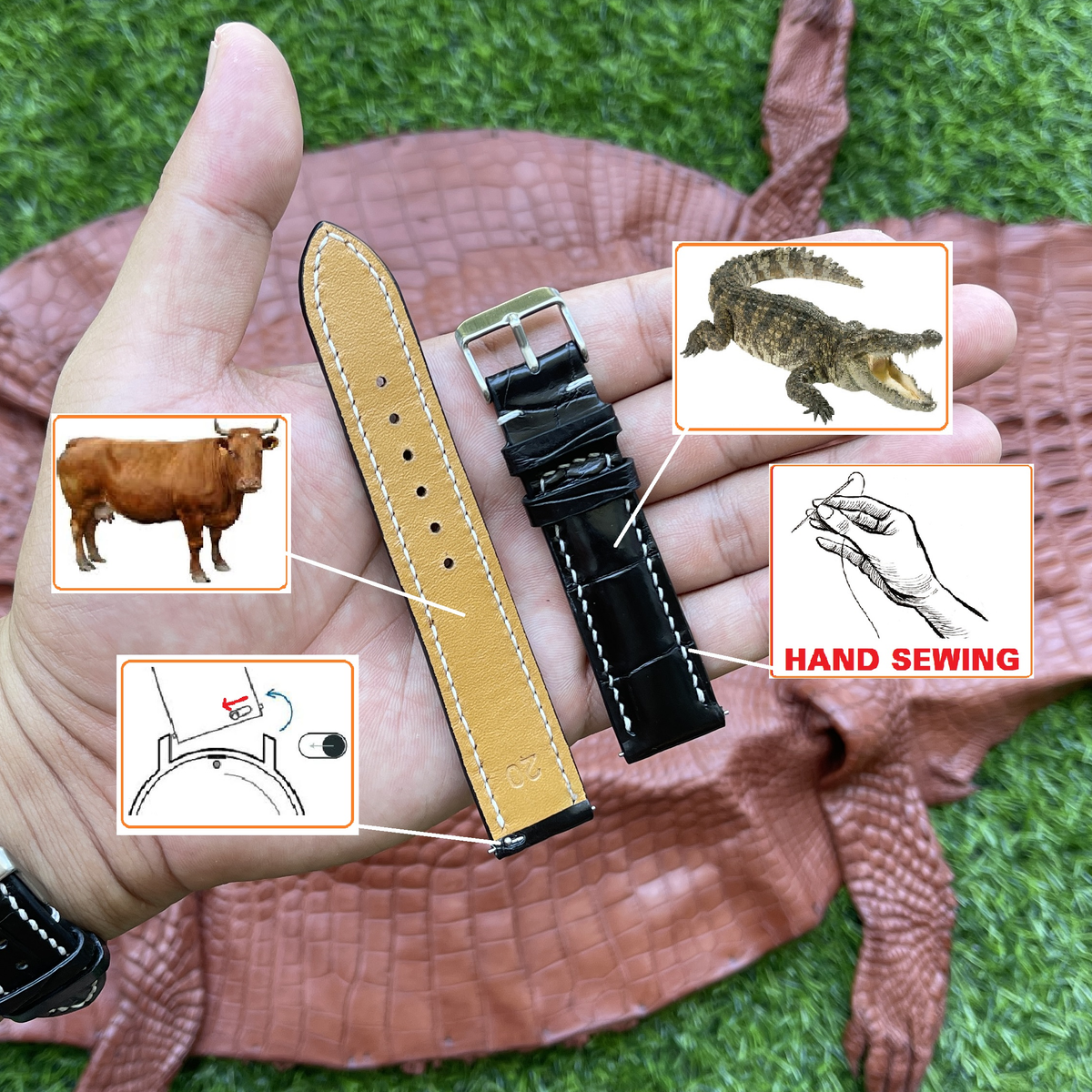Hand Stitching Black Alligator Watch Strap DH-154