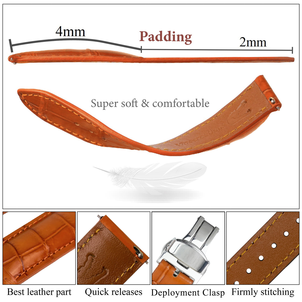 Orange Alligator Leather Watch Strap with Deployment Clasp