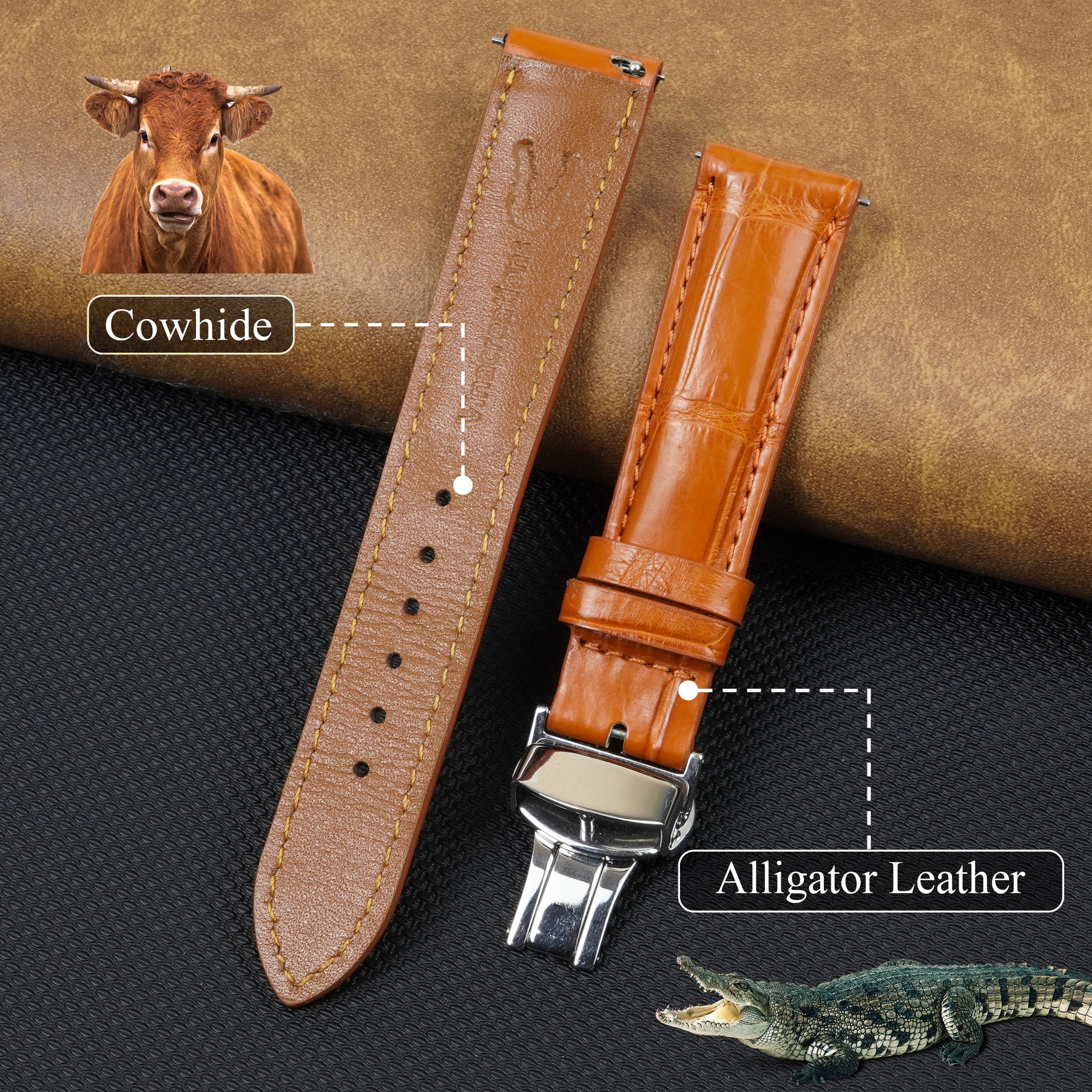 Orange Alligator Leather Watch Strap with Deployment Clasp