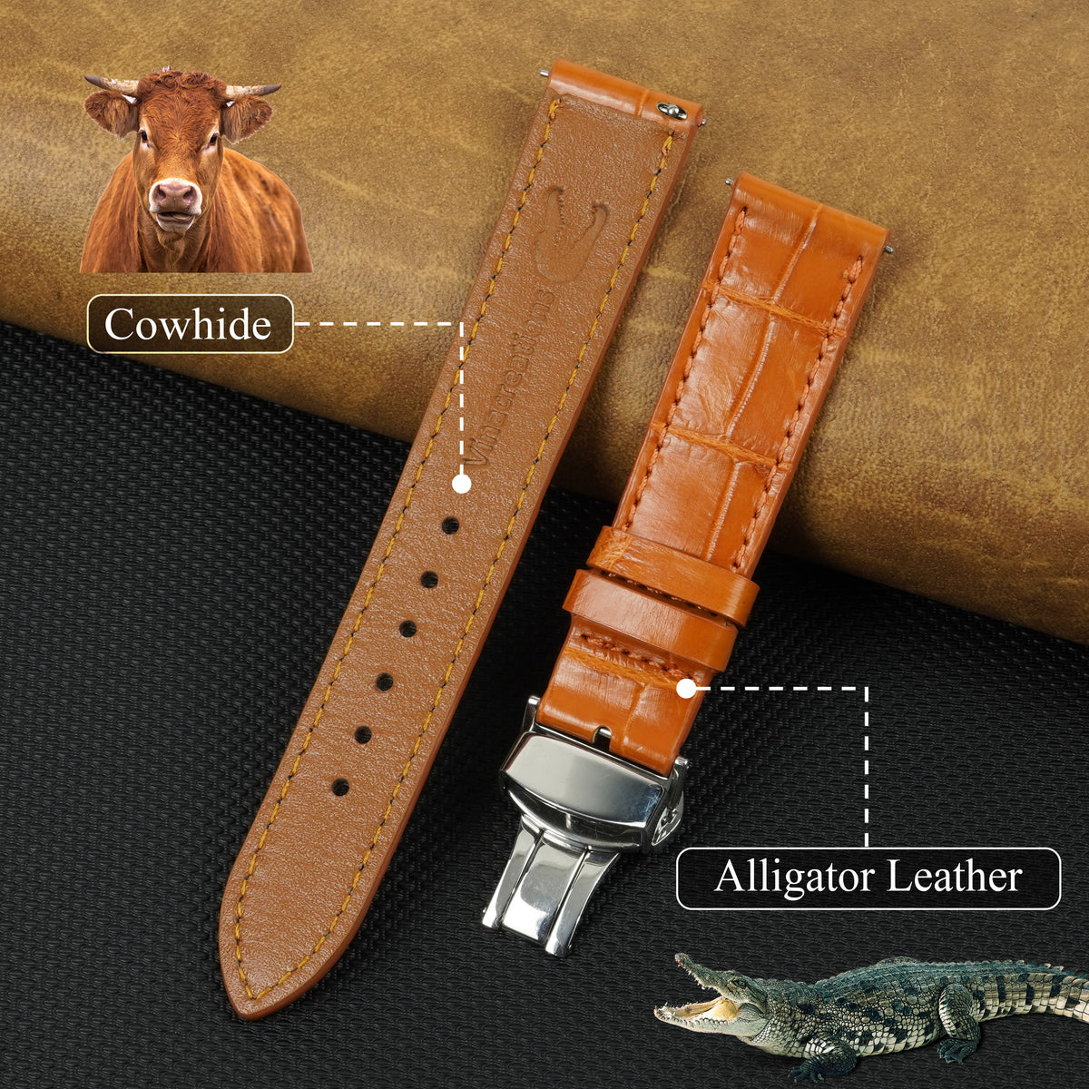 Orange Flat Alligator Belly Leather Watch Strap with Deployment Clasp