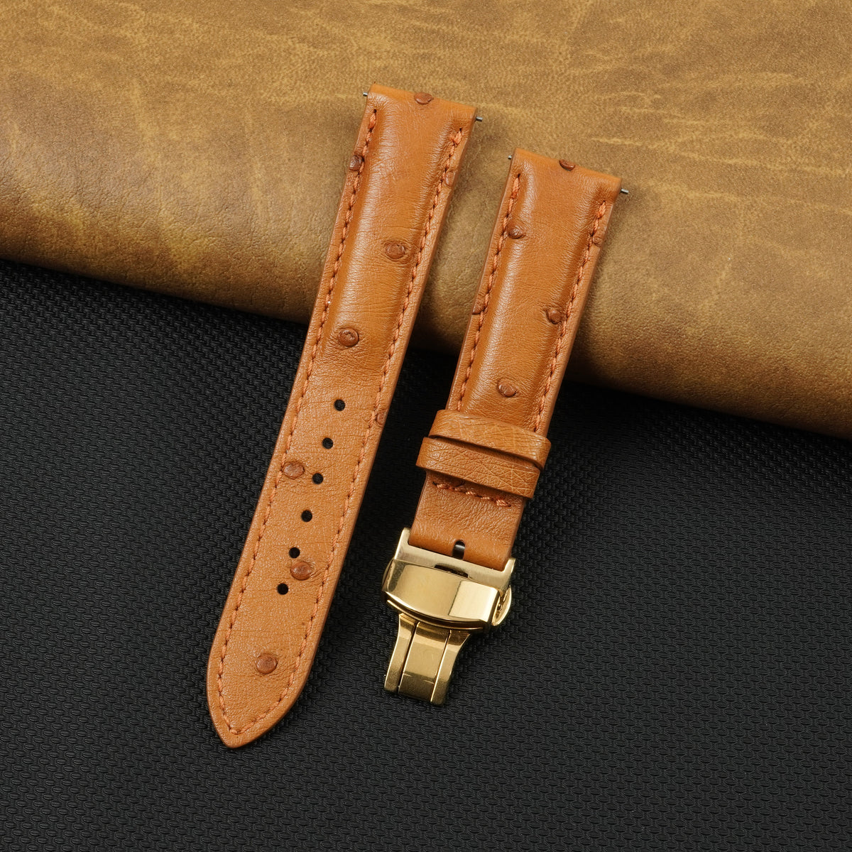 Tan Brown Ostrich Leather Watch Strap with Deployment Clasp
